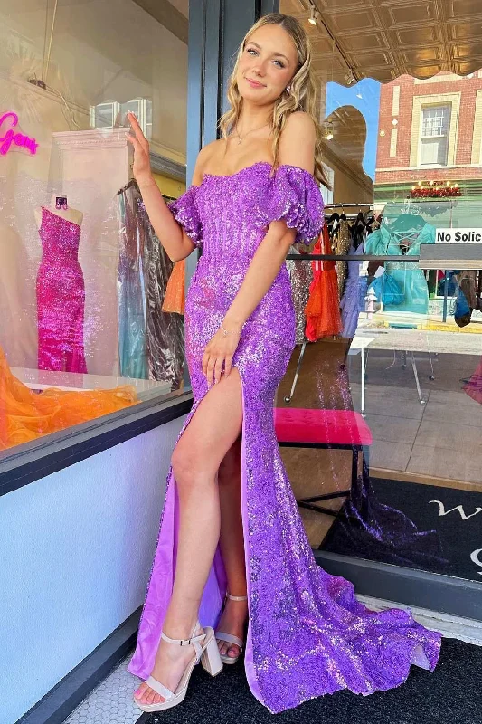 Purple Off the Shoulder Mermaid Sequins Slit Long Prom Dresses DMP302 Crew Neckline Casual