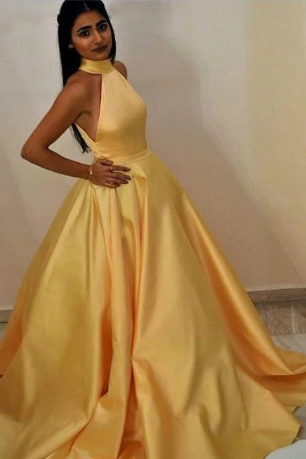 High Neck Yellow Prom Gown with Satin Full Skirt athletic skirt fit