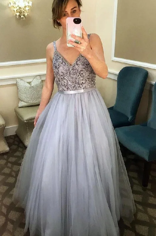 Spaghetti Straps V Neck Tulle Dress for Prom Dresses with Beaded DMO1 Tunics Office stylish