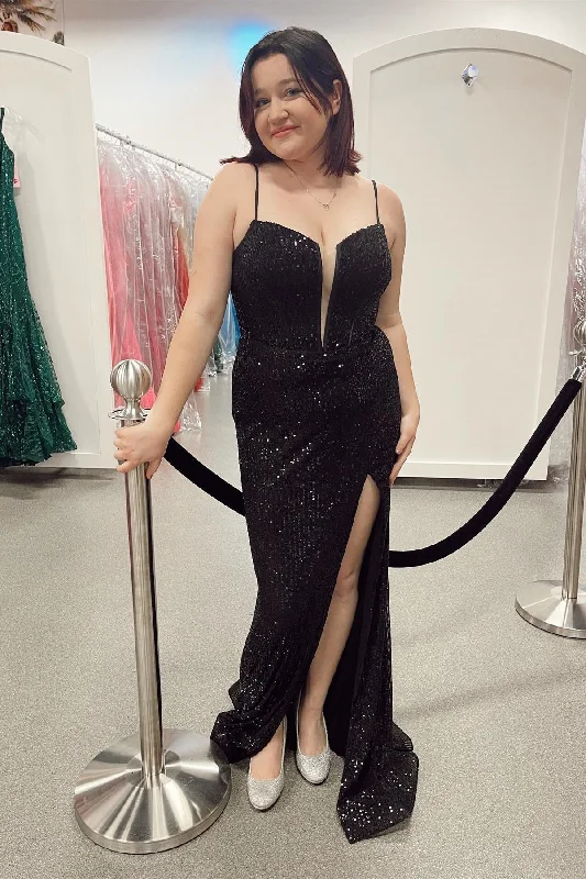 Black Lace-Up Sequins Mermaid Deep V Neck Long Prom Dress with Slit DR16298 Floral Print girly