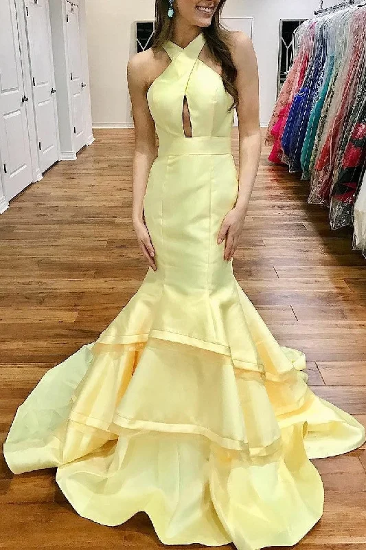 Light Yellow Satin Mermaid Evening Gowns with Tiered Skirt leather skirt bold