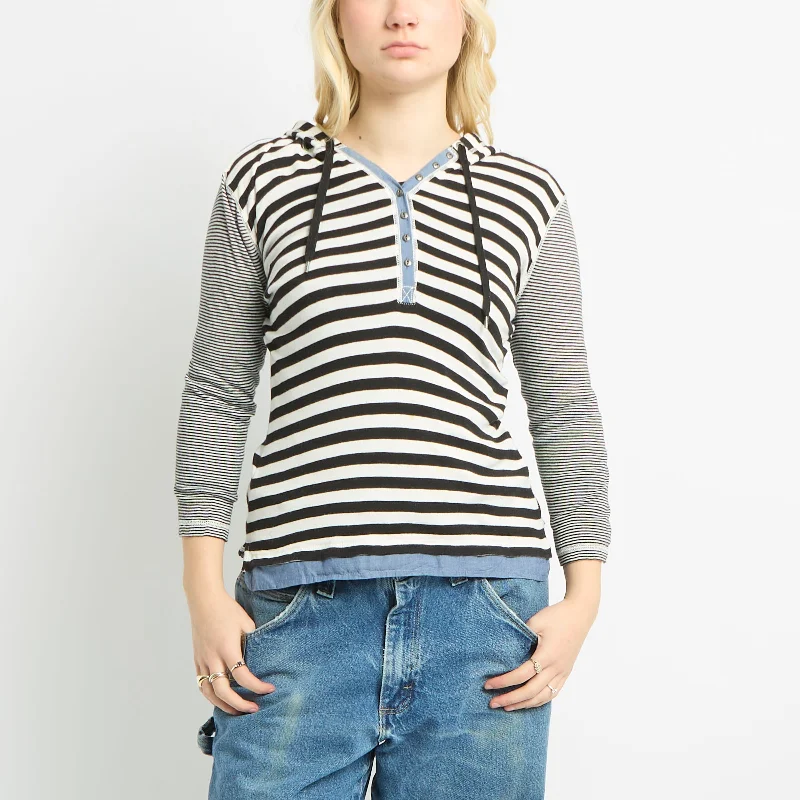 Ralph Lauren Striped Hoodie With Denim Accents - UK 8 Hoodie with Drawcord Adjustable Secure