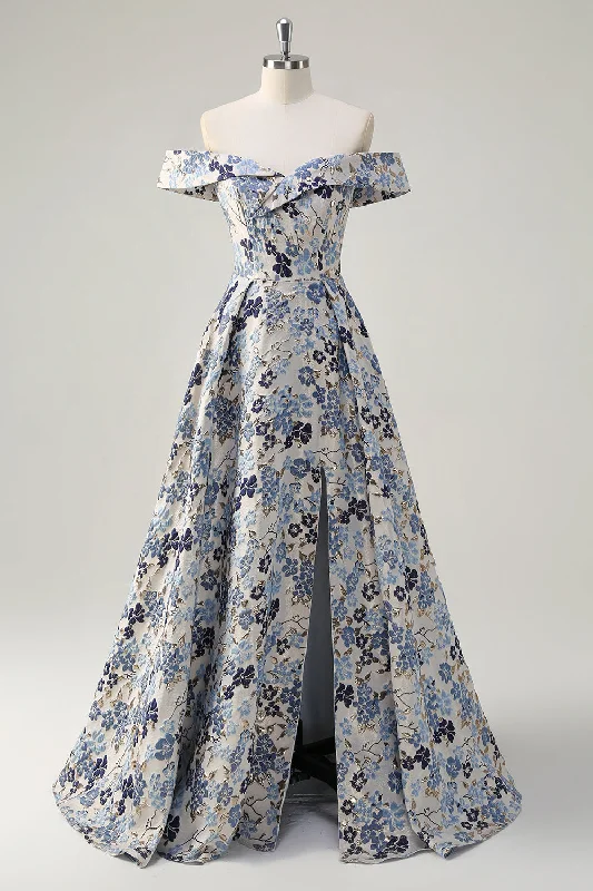 Sparkly Blue Flower Princess Off The Shoulder Ruched Long Prom Dress with Slit Tunics Leisure comfortable