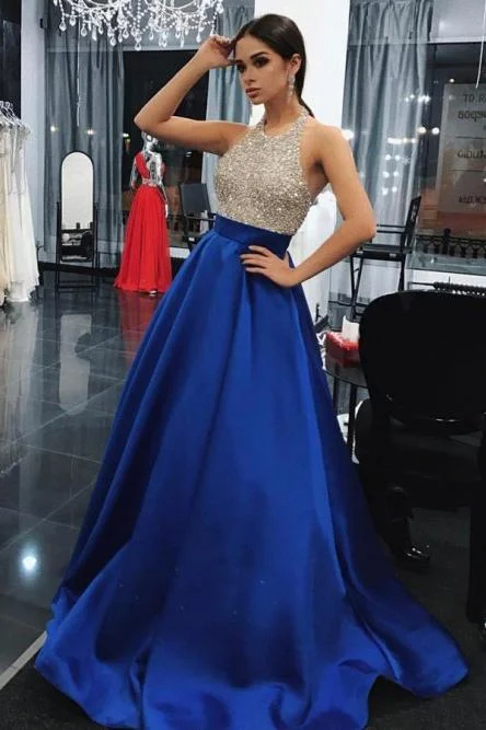 A-Line Halter Backless Sweep Train Royal Blue Prom Dress with Beading Pockets DMN33 Tunics Plaid country