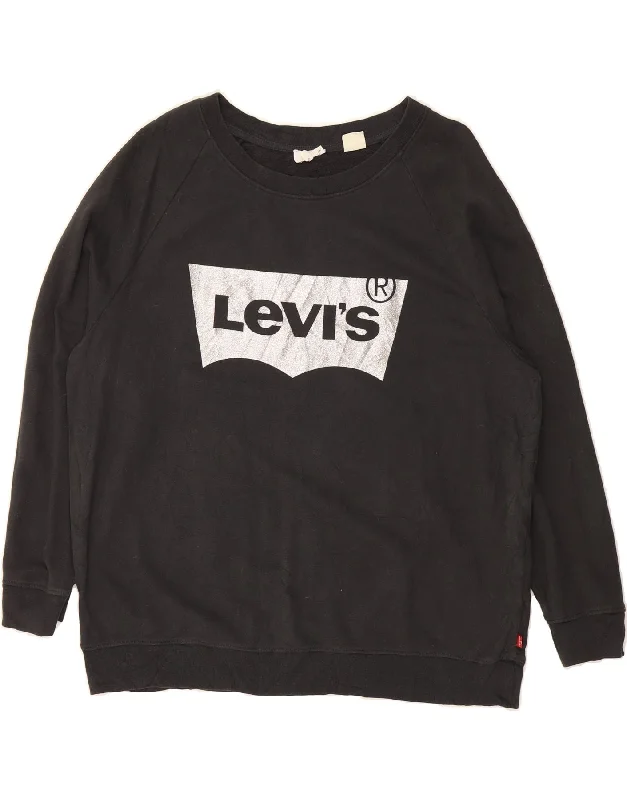 LEVI'S Womens Graphic Sweatshirt Jumper UK 20 2XL Black Cotton Hoodie with Camouflage Military Edgy