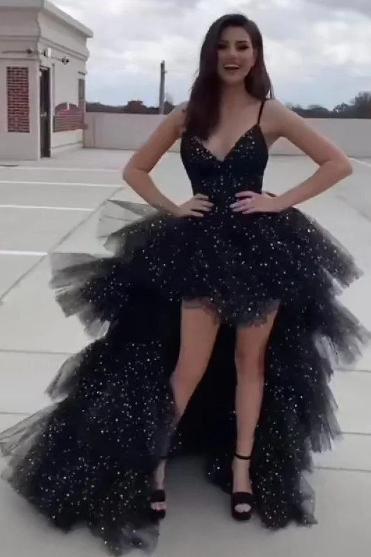 Black Sequin Hi-lo Prom Gown with Tiered Skirt summer skirt style