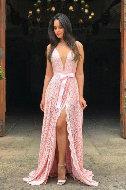 A-Line V-Neck Sweep Train Pink Lace Prom Dress with Split DMP10 Tunics Wedding white