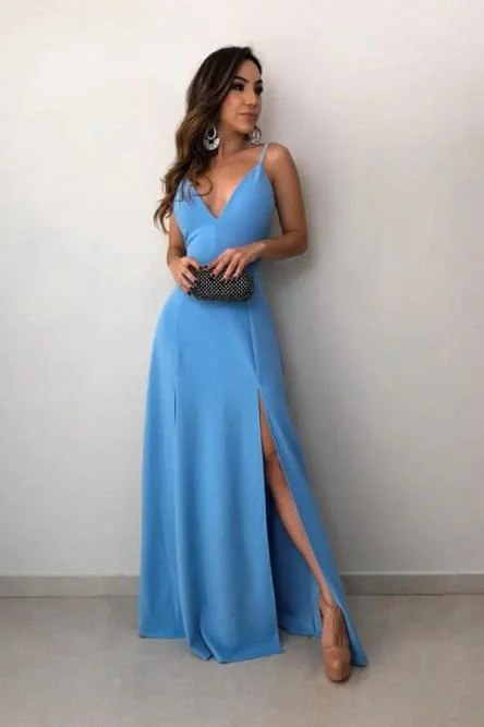 A-Line Spaghetti Straps Floor-Length Sky Blue Prom Dress with Split DMN30 Tunics stripes playful