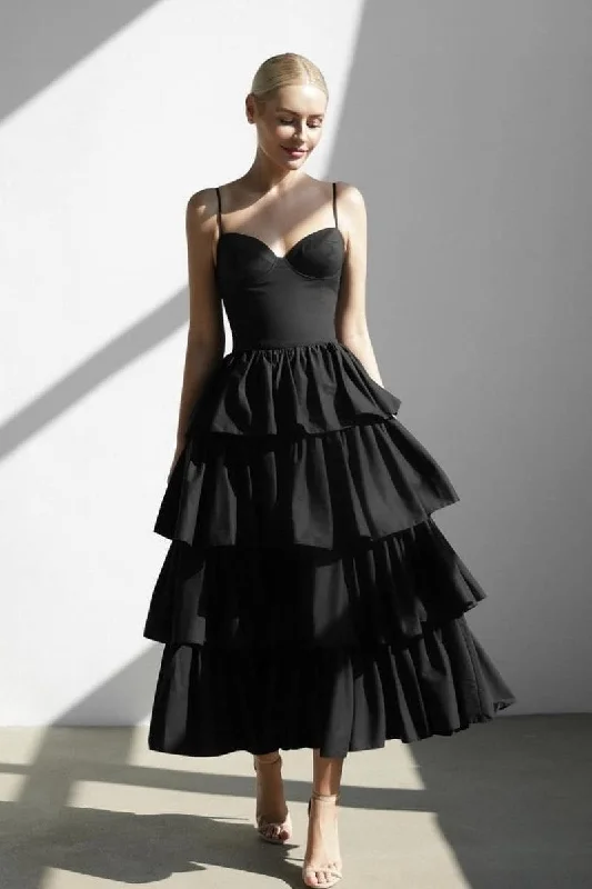 Black Tea-Length Prom Gown with Layered Skirt low waist skirt