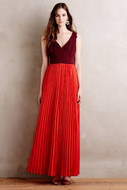 Contrast Color Long Evening Gowns with Pleated Chiffon Skirt asymmetrical skirt cut