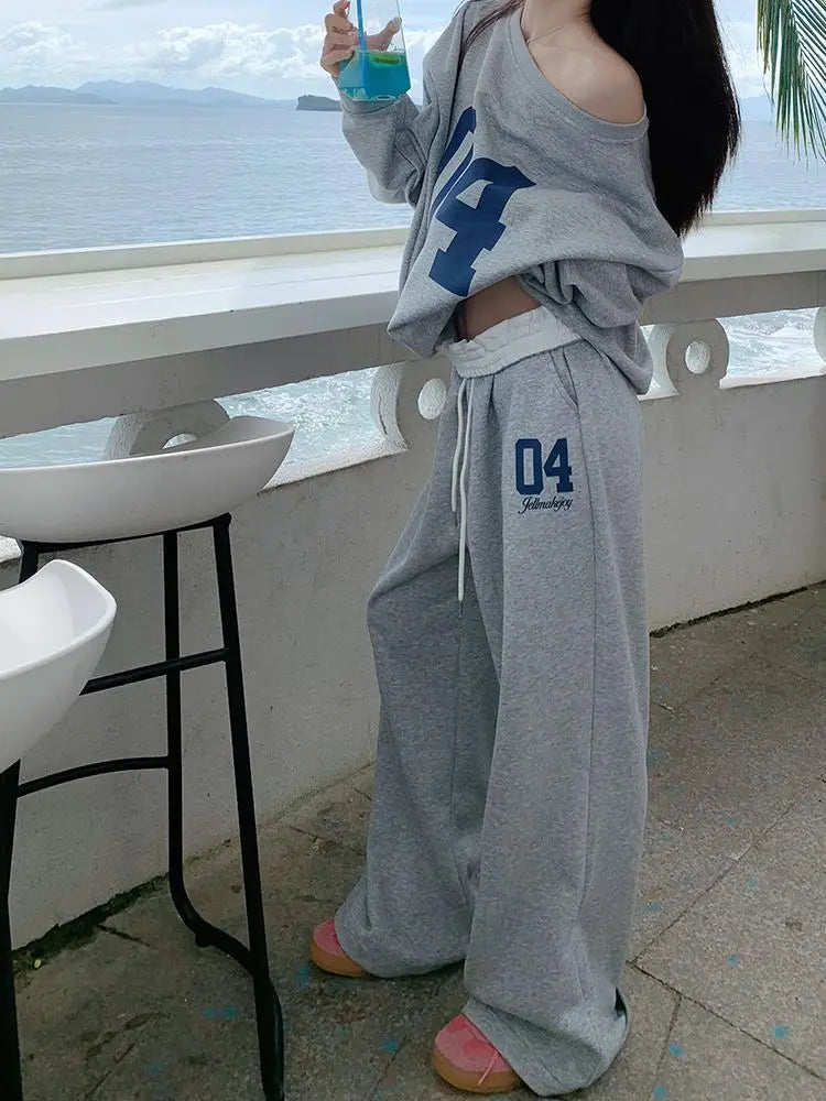 Advbridge Casual 2 Piece Sets Women Outfit Pant Sets Oversized Korean Style Jersey Set Vintage Letter Print Off Shoulder Tracksuit Trendy High-Waist Trousers