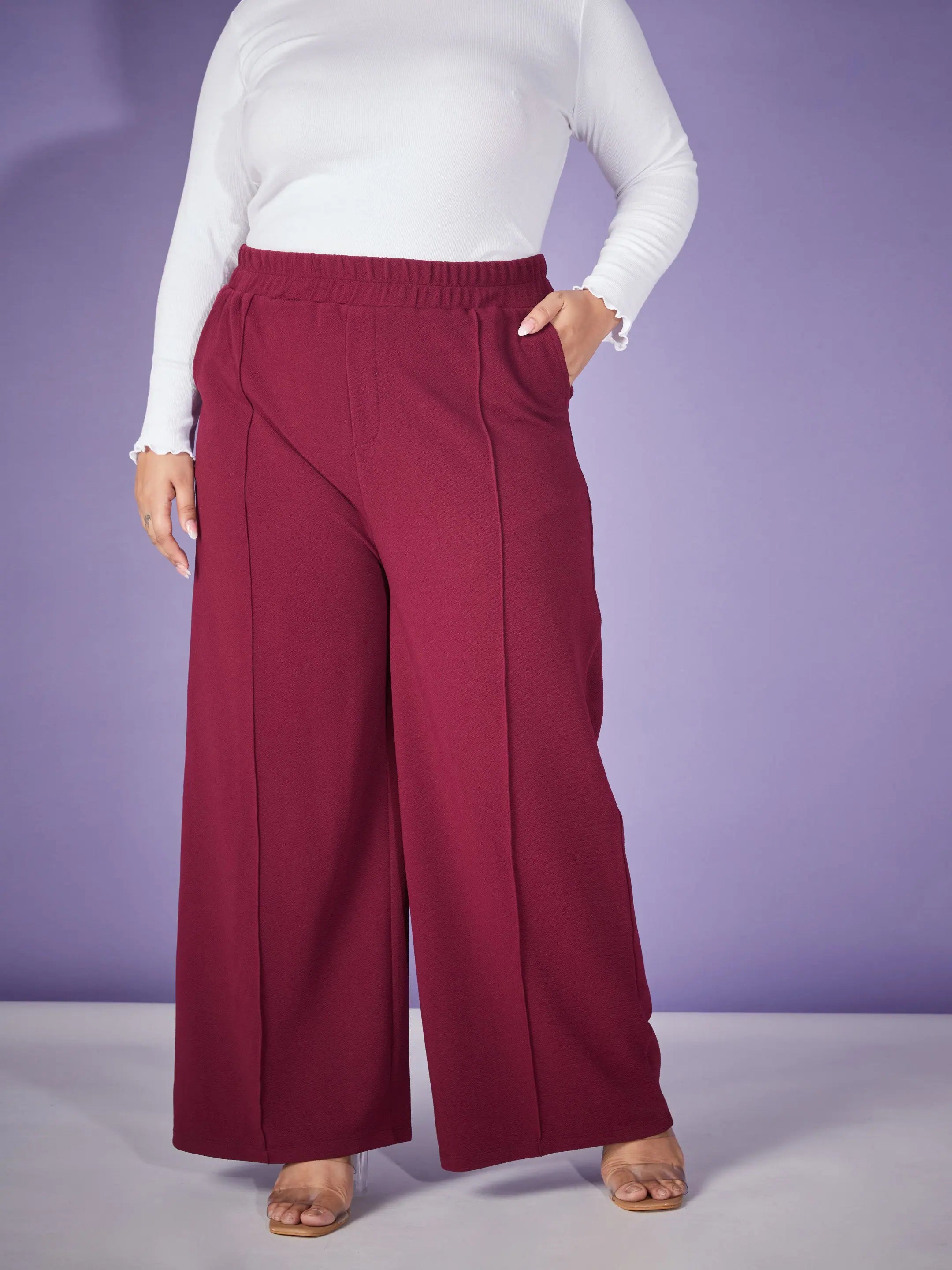 Women Burgundy Elasticated Straight Pants Casual Sweatpants Style
