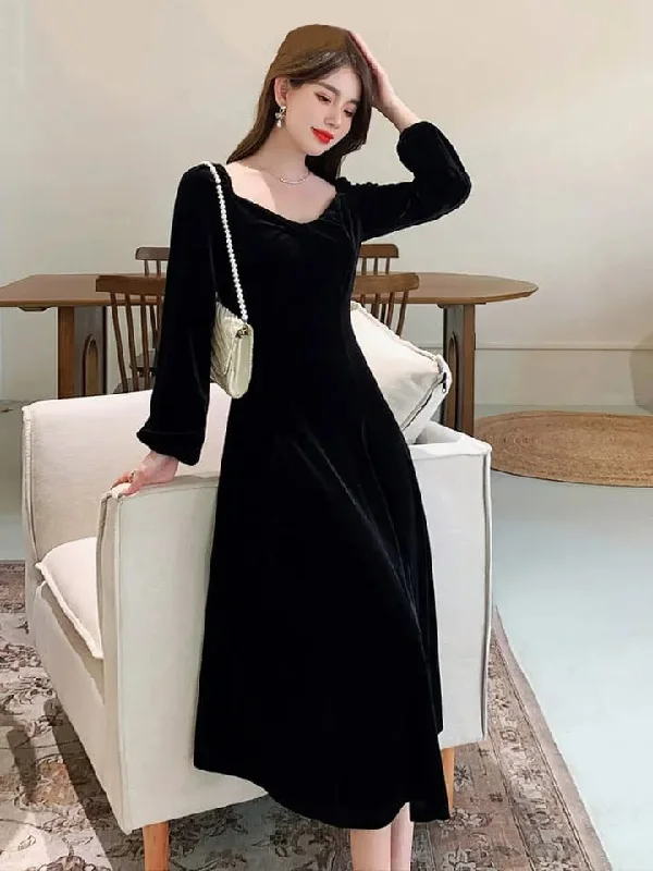 Black Elegant Velvet Dress Women Vintage Casual Party Long Split Dress S S5063699 Tunics Short Trendy