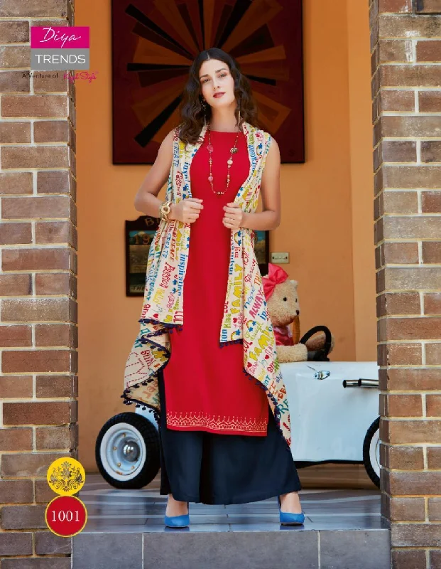 1001 Globus City Rayon Kurti with Rayon Print Shrug and Plazzo pant Relaxed Casual Leggings