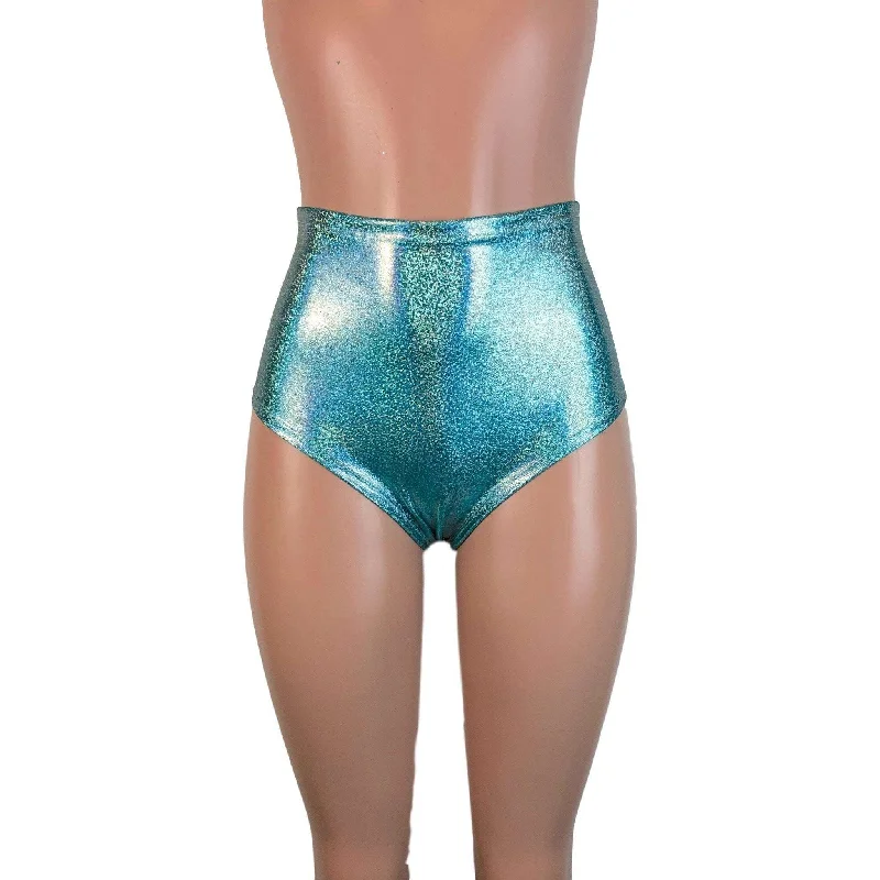 SALE - High Waist Hot Pants - Jade Blue Holographic Relaxed Fit Trousers