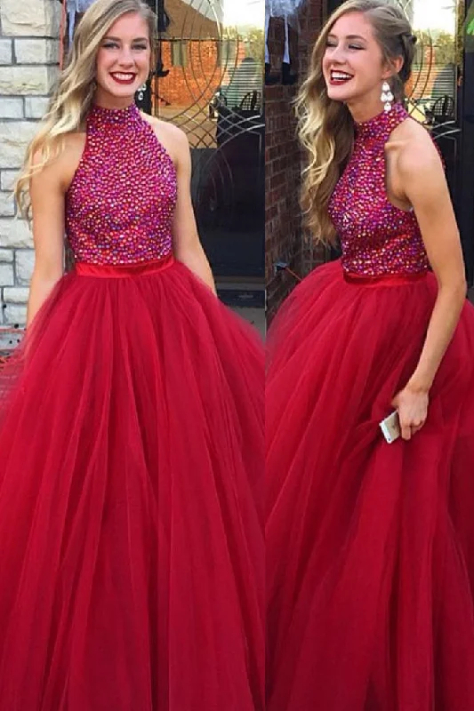 Rhinestones Bodice Sleeveless Red Formal Prom Gown with Tulle Skirt patchwork skirt art