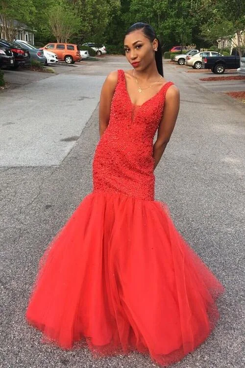 Deep V-neckline Beaded Long Prom Gowns with Tulle Skirt satin skirt smooth