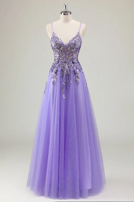 Purple A Line Spaghetti Straps Sequin Tulle Prom Dress with Appliques Elegant Long Evening