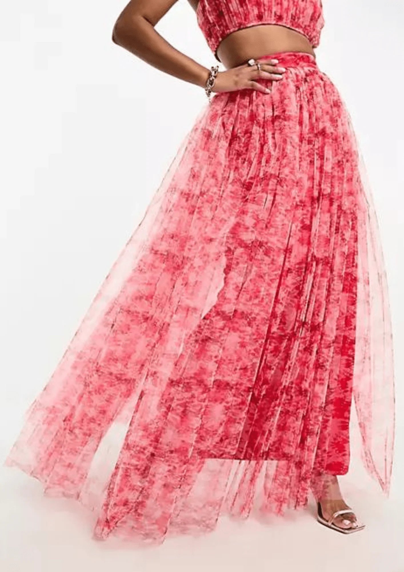 RED FLORAL TULLE MAXI SKIRT leather skirt refined