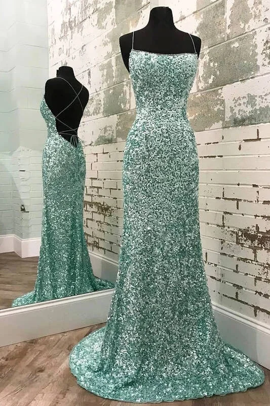 Mint Green Sparkly Mermaid Prom Dresses, Long Criss-Cross Back Evening Dress DMP155 Tunics Wedding white