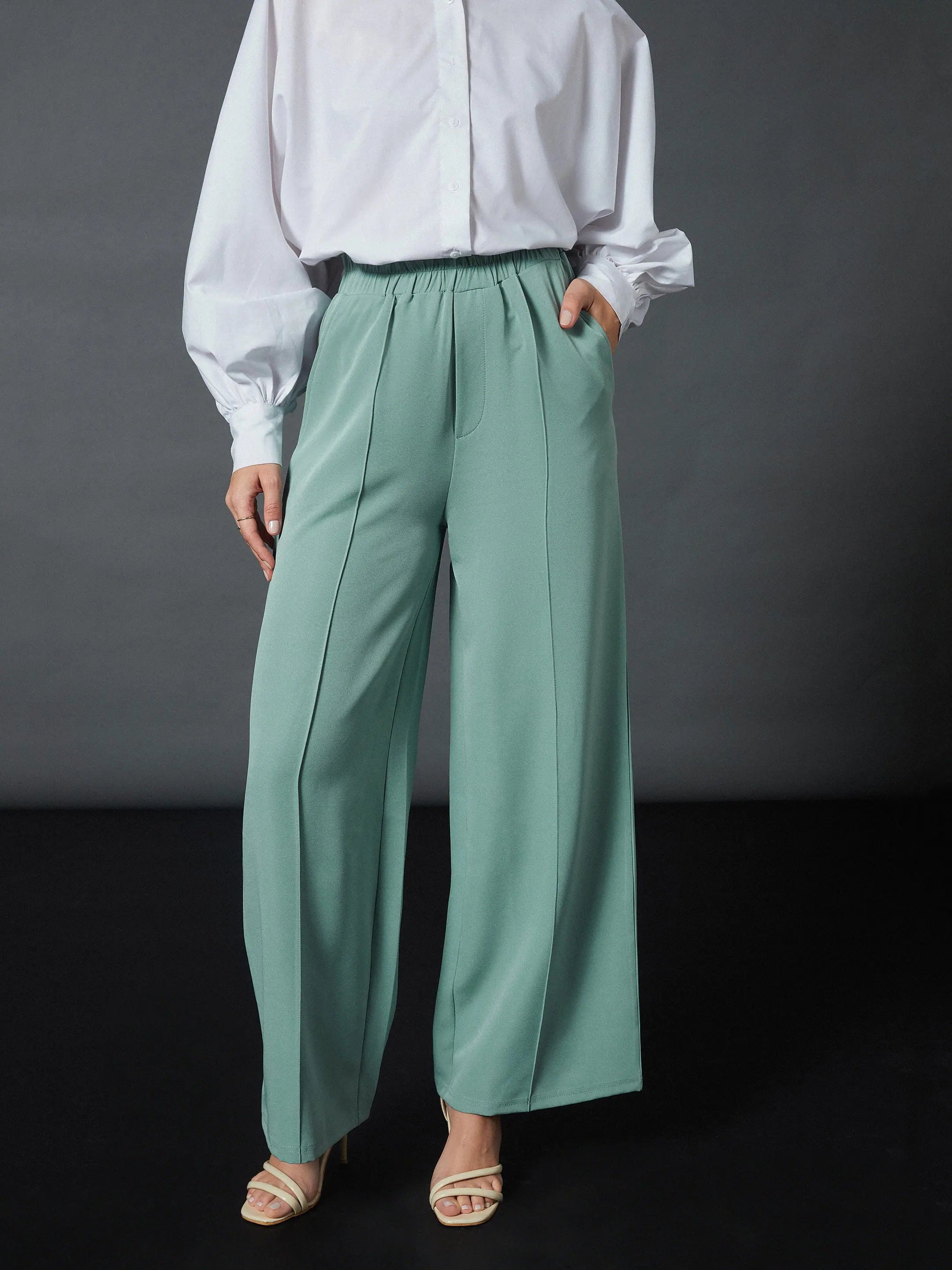 Women Blue Front Darted Palazzo Pants Fashionable Jogger Pants