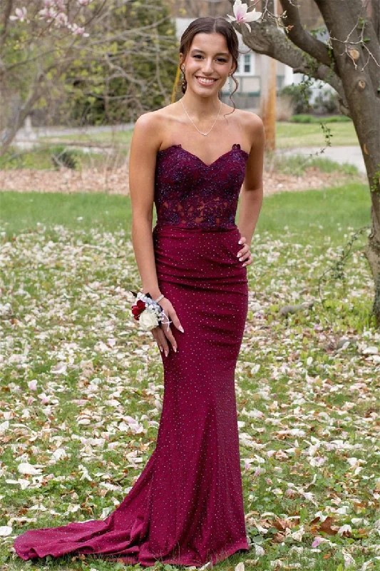 Burgundy Mermaid Strapless Beaded Appliques Lace-Up Long Prom Dress DR1551 Tunics Luxurious high-end