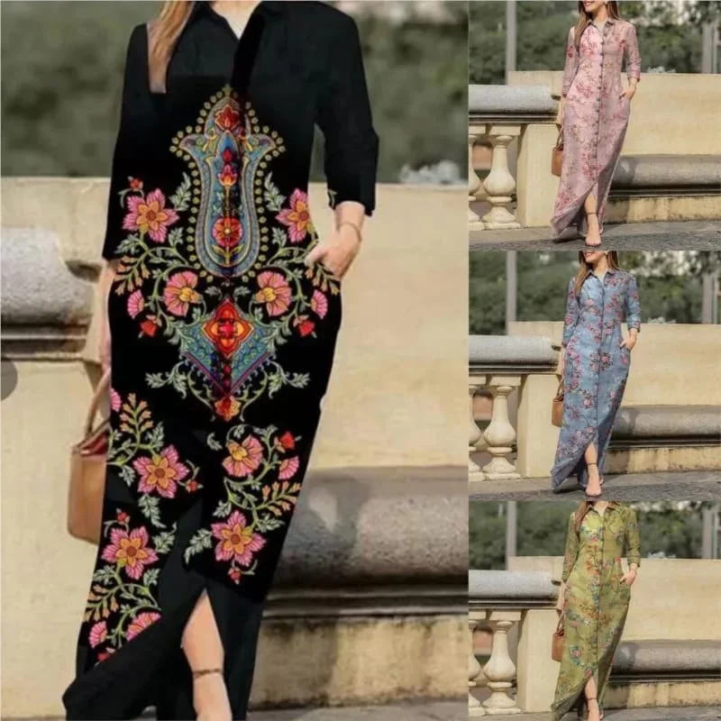 New Autumn Women's Casual Lapel Collar Button Vintage Floral Print Boho Long Dress B-106773 Shift Classic Vintage