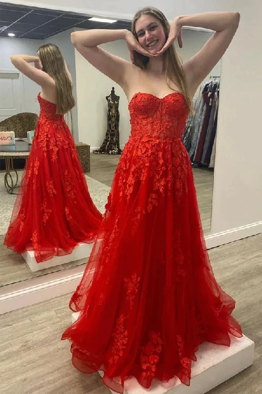 Chic Strapless Red A Line Tulle Long Prom Dress with Lace Appliques DM1968 Tunics Short Trendy