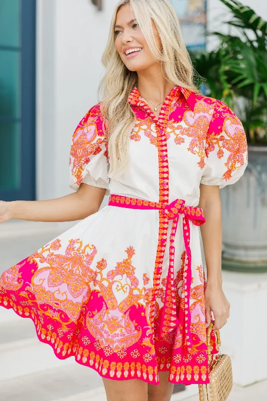 Bold And Bright Ivory & Fuchsia Printed Dress
