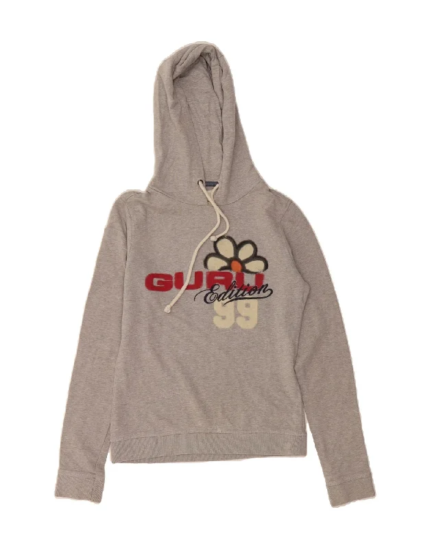 GURU Womens Graphic Hoodie Jumper UK 10 Small Grey Cotton Hoodie with Metallic Shiny Futuristic