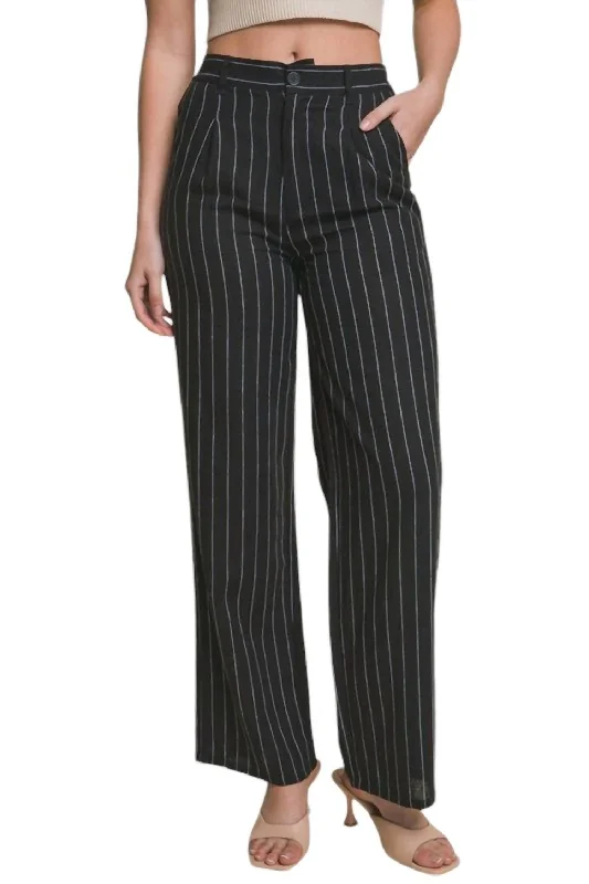 Cotton Linen Straight Pants In Black/white Stripe Warm Wool Trousers