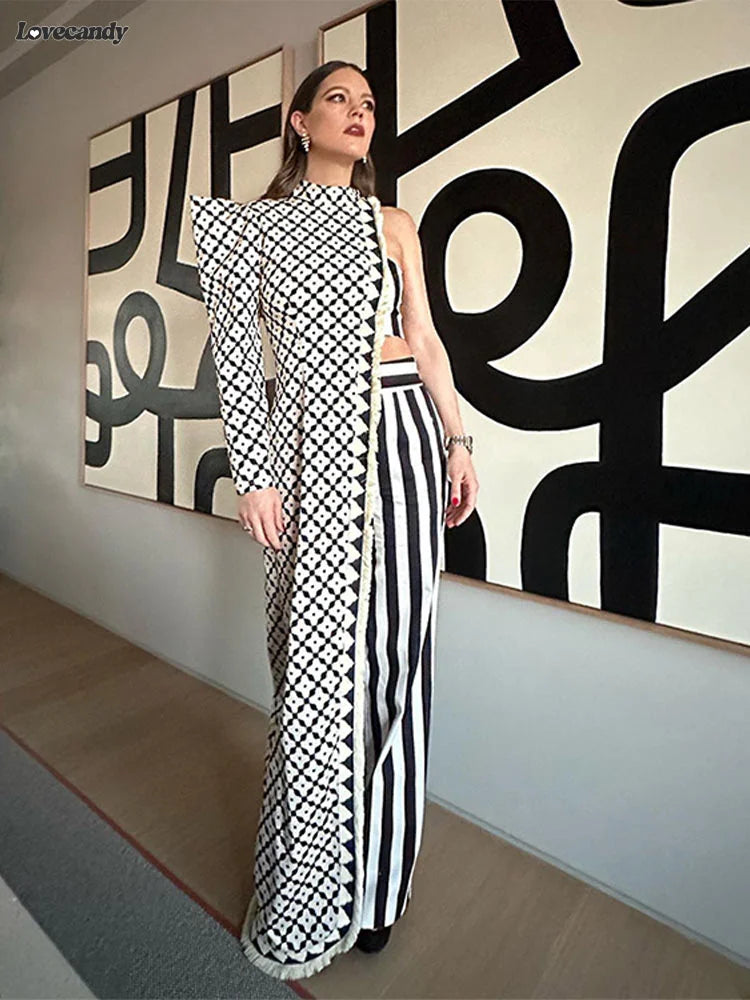 Asymmetrical Printed Pants Suit Elegant Single Shoulder Full Sleeved Long Top Set l Lightweight Linen Pants