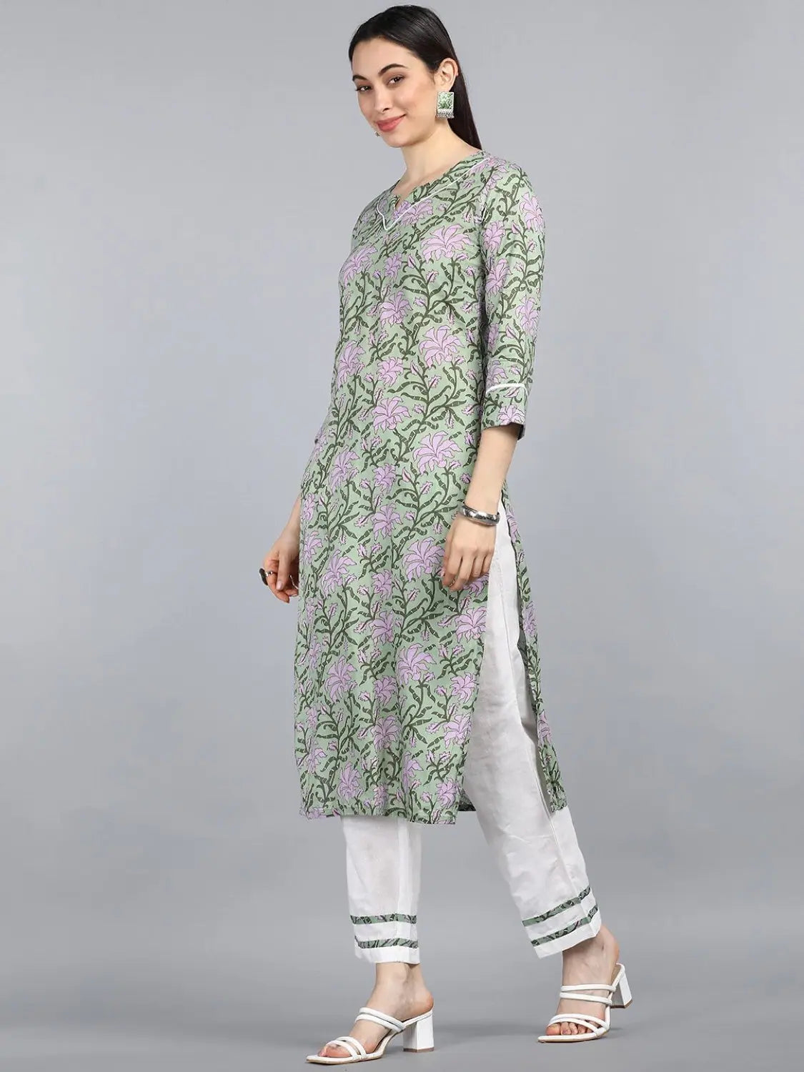 Ahika Cotton Printed Kurta Pant Dupatta Set-VKSKD1125G_S Comfortable Pleated Pants