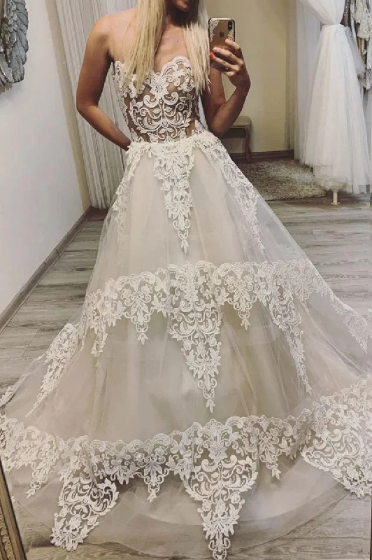 Ivory Sweetheart A Line Lace Appliques Long Prom Dresses DMP85 Tunics Summer linen