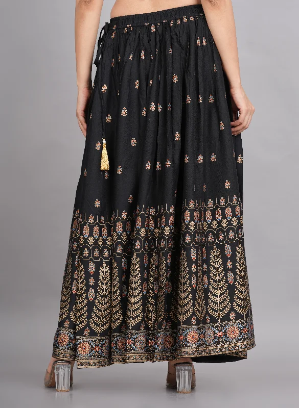 Women's Black & Golden Rayon Ethnic Printed Circular Skirt - House Of Rp lace skirt feminine
