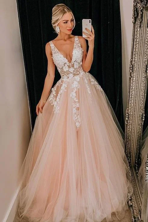 Pink Tulle V Neck Long Senior Prom Dress, Formal Dress With Applique DMQ84 Tunics Yoga stretchy