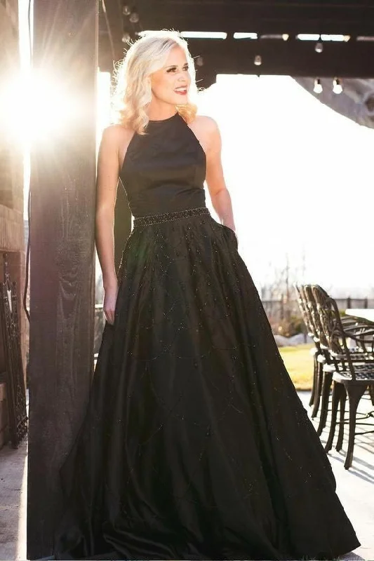 Halter Neckline Satin Black Prom Gown with Beading Skirt elastic waist skirt