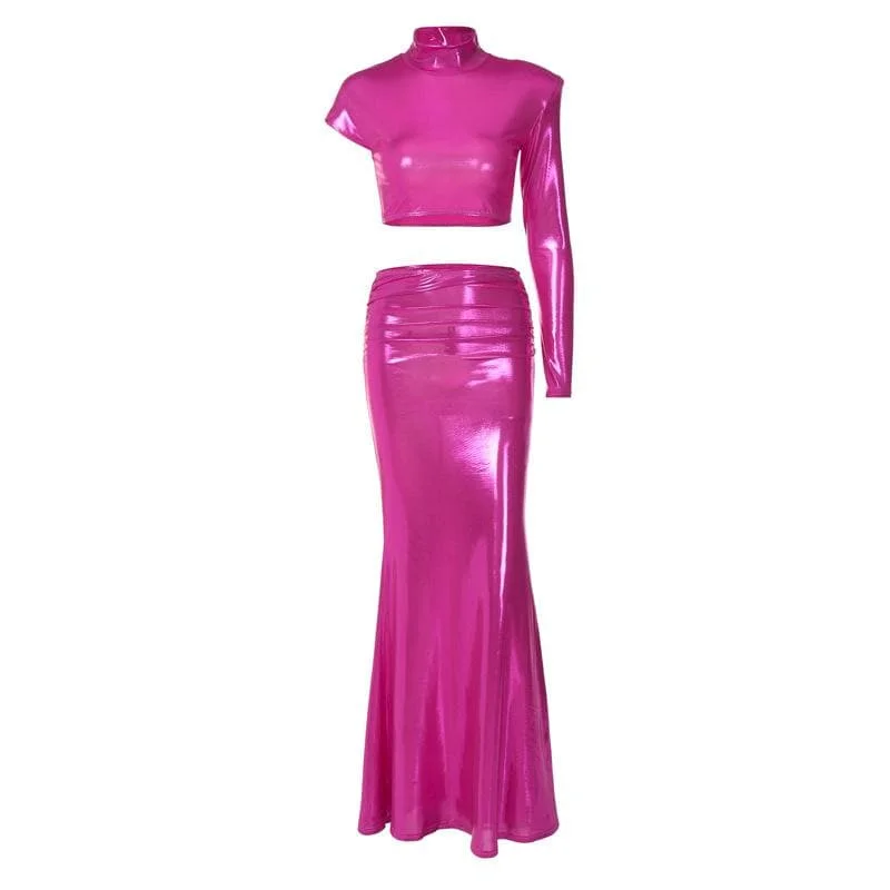 BerryBetty - High neck irregular padded metallic maxi skirt set leather skirt modern