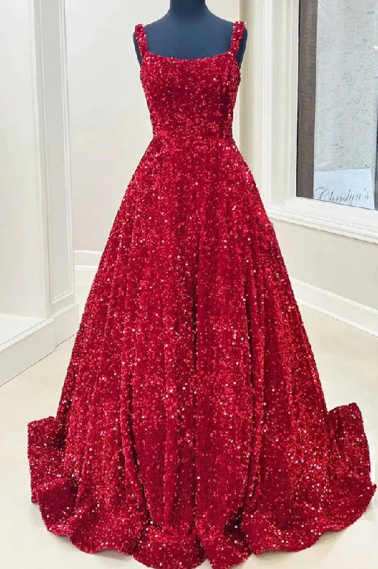A line Red Square Neck Sequin Long Prom Dresses, Formal Evening Dresses DM2003 Tunics Hiking breathable