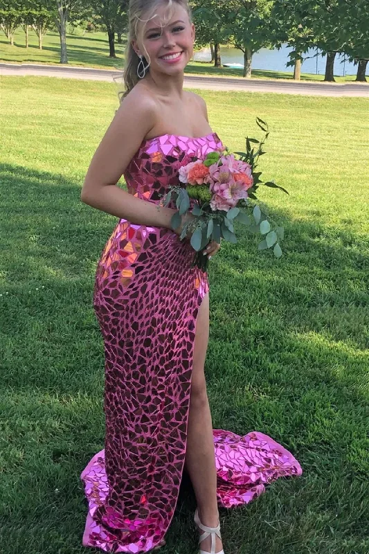 Fancy Pink Sequins Long Prom Dresses Mermaid Strapless Formal Evening Dresses with High Slit DMP272 A-Line Day Work