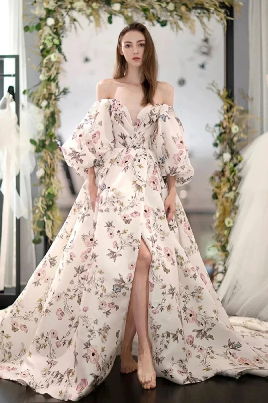 Stylish Long Sleeves Printed Long Prom Dress with High Slit, Long Formal Evening Dress DM1995 Tunics Vintage classic