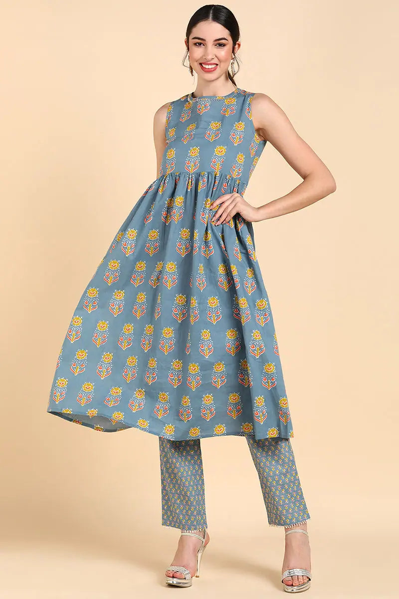 Ahika Cotton Printed Kurta Pant Set-VKSET1278_S Classic Straight-Leg Pants