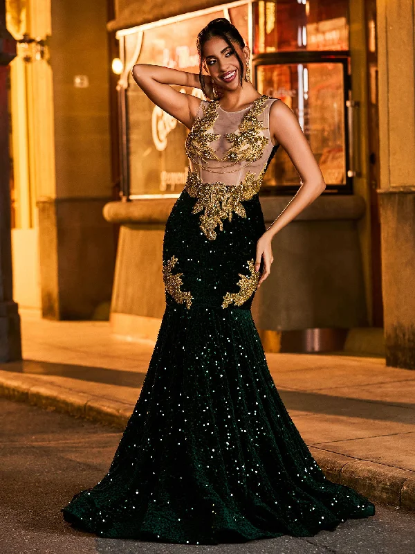 Dazzling Rhinestone-Embellished Mermaid Prom Dress Dark Green Bodycon Club Sequined