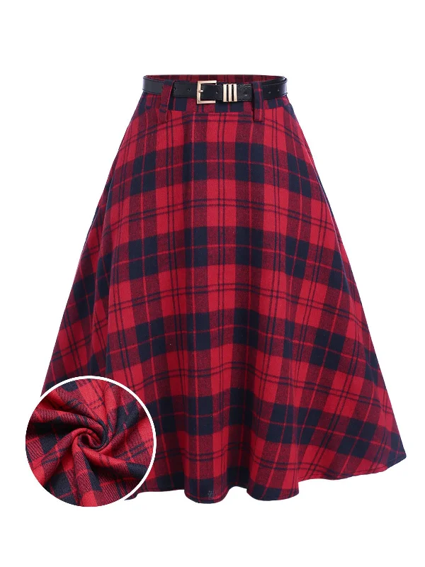 Red 1940s Plaid Belted A-Line Skirt slim fit skirt