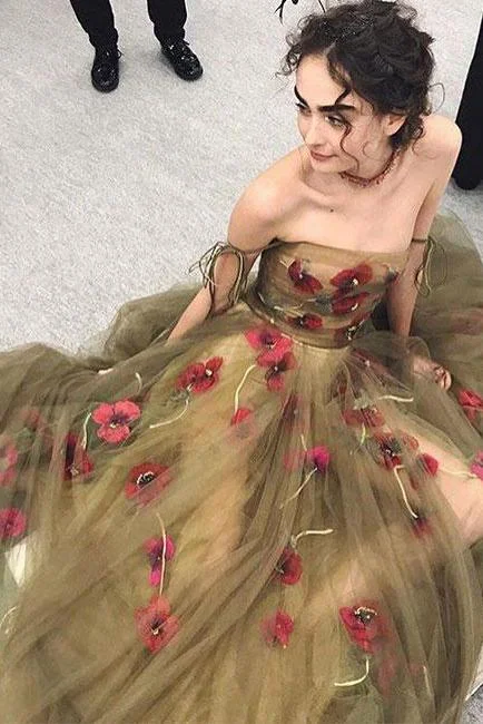 Off the Shoulder See-through Prom Dress with Flowers DMP12 Tunics New arrival