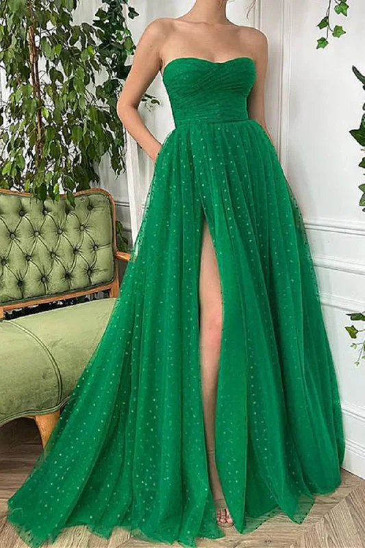 Strapless Green Long A Line Tulle Prom Dresses, Formal Evening Dresses DM1993 Tunics Summer linen