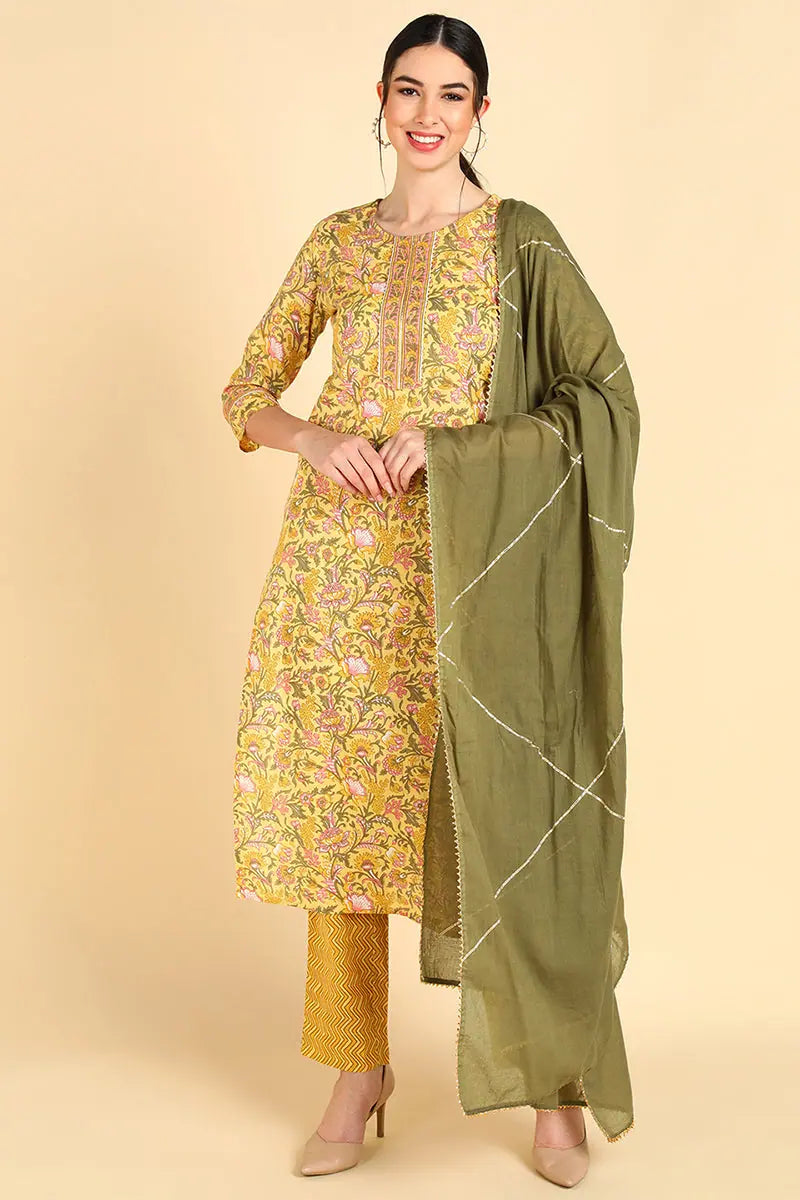 Ahika Cotton Printed Kurta Pant Dupatta Set-VKSKD1405_S Cozy Full-Length Pants