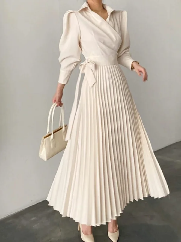 Turn-down Collar Paneled Side Bow Tie Puff Sleeve Office Lady Dress 112167 Tunics Corduroy durable