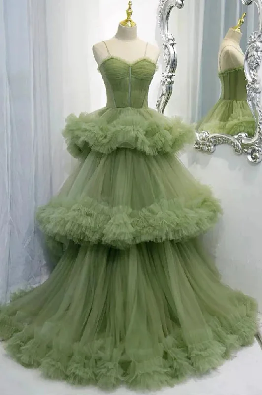 Princess Spaghetti Straps Green Tulle Long Ball Gown Prom Dress A line Tiered Formal Dress DMP230 Tunics Leisure comfortable
