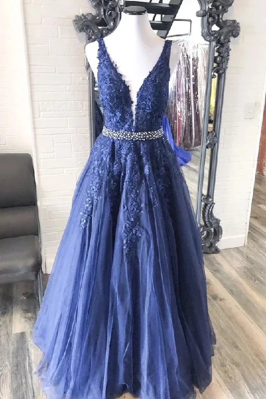 A-line V neck Royal Blue Lace Appliques Long Prom Dresses Tulle Evening Dress DMS95 Tunics Lace romantic